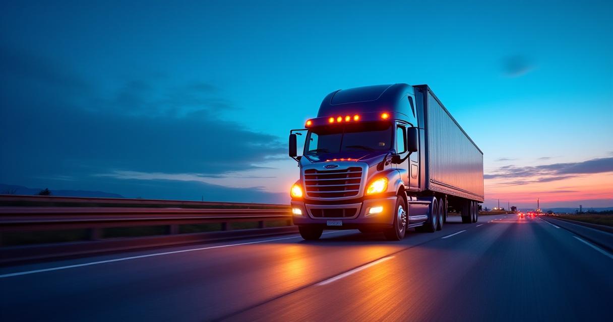 Modern freight truck speeding along a sunset highway